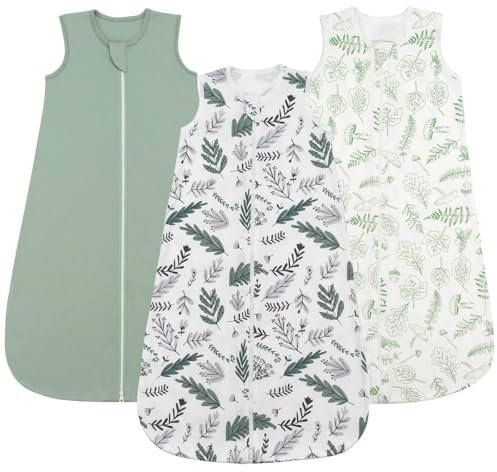 LILBESTIE Sommerschlafsack Baby 3 Pack, 100% Baumwolle Schlafsack Baby Sommer 0.5 tog 6-12 Monate, Grün und Blätter