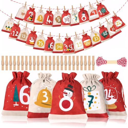 Sukudon Adventskalender zum Befüllen,Weihnachtskalender 24 Stoffbeutel adventskalender zum befüllen kinder , adventskalender 2024 zum befüllen