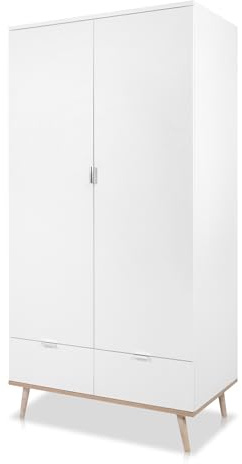 KHG Kleiderschrank 2-türig mit 2 Schubladen Scandi, Schrank aus Holzwerkstoff weiß foliert für Schlafzimmer, inkl. Kleiderstange 90 x 180 x 55 cm (B/H/T)