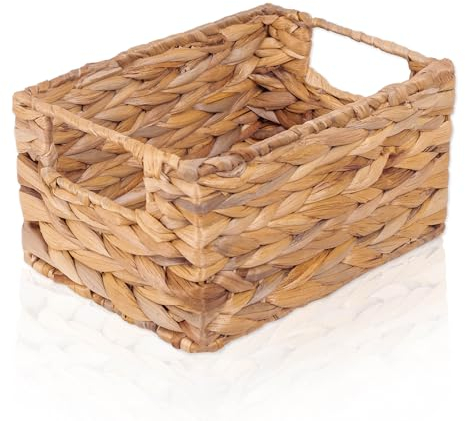 FRIHET Aufbewahrungskorb geflochten aus Wasserhyazinthe rechteckig | Aufbewahrungsbox mit Griffen | Wäschekorb klein, Kleiderschrank Organizer uvm. | versch. Größen (1 Stück, Gr. 1)