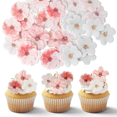 Marjoramy 50 Piezas Decoración de Pasteles de Flor de Cerezo, Adornos Comestibles para Cupcakes, Comestibles de Flores para Tartas, Decoración de Cupcakes, Decoración para Tartas de Fiestas Postres