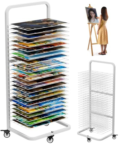 Garbuildman Estante de secado de arte resistente para pinturas, soporte de secado de metal con 25 estantes extraíbles, estante de almacenamiento de lona móvil con ruedas bloqueables para aulas y