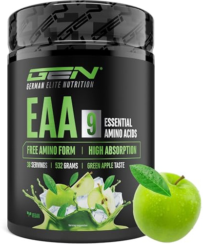 Polvere EAA 532 g (38 porzioni) - Tutti i 9 aminoacidi essenziali incl. istidina e BCAA - Formula Human Code - Vegano - Molto solubile - Bevanda di amminoacidi rinfrescante (Green Apple)