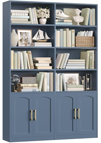 FACBOTALL Bookshelf and Bookcase with Doors, 6 Tier Double Wide Large Bookshelves, Open Display Shelves, 73'' Tall Bookshelf with Storage Cabinets for Home Office, Living Room, Library, Blue