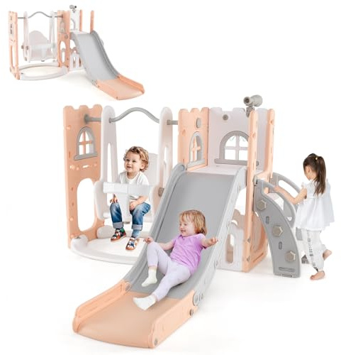 HOMASIS 7 in 1 Scivolo per Bambini da 1 a 3 Anni, Altalena Interna per Bambini con Scala, Telescopio, Canestro da Basket e Spazio di Stoccaggio, Area Giochi, Abilità Motorie (Rosa)