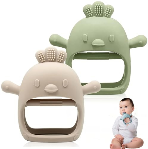 TKLake 2 Pack Baby Teething Toys, Teething Mittens for Babies, Toys 0-6 Months, Silicone Teether for Toddler Infant, Baby Boy Girl Shower Gifts Teething Relief Chew Toys Biting Toy(Beige & Green)