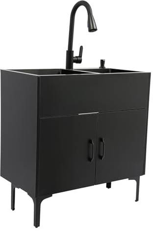Lavabo doppio autoportante con rubinetto estraibile e distributore di sapone, in acciaio inox 201, 2 vasche 75 × 41 cm, silenzioso e antigraffio, con armadio e scolapiatti, per cucina, ristorante e