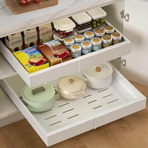 Teleskoplåda kök utdragbar låda, eftermontering lådinsats, utdragbar skåparrangör, köksskåp justerbar bredd, utbyggbar utdragslåda, 32–52 x 42 x 7,5 cm (vit 2 st)