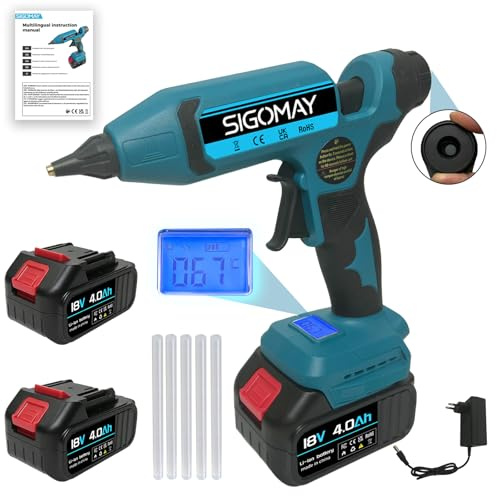 SIGOMAY Pistola de Silicona Caliente Inalámbrica 110W, Kit con 2x Baterías 4.0Ah, Pantalla LCD con Control de Temperatura y Batería, Función de Memoria, 100-200°C, Compatible con Batería Makita 18V