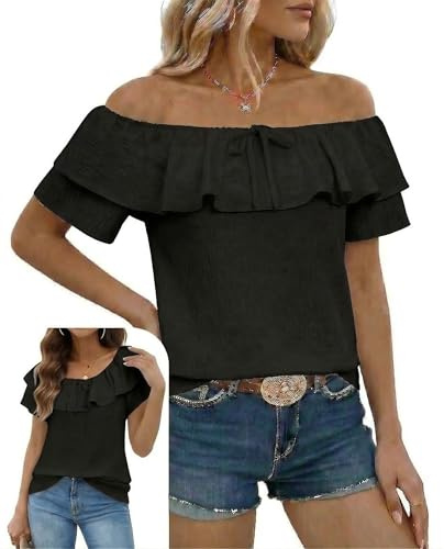 Zilaro Off The Shoulder Tops for Women, Bardot Blouse, Casual Ruffle Short Sleeve Chiffon Top, Summer Holiday Beachwear