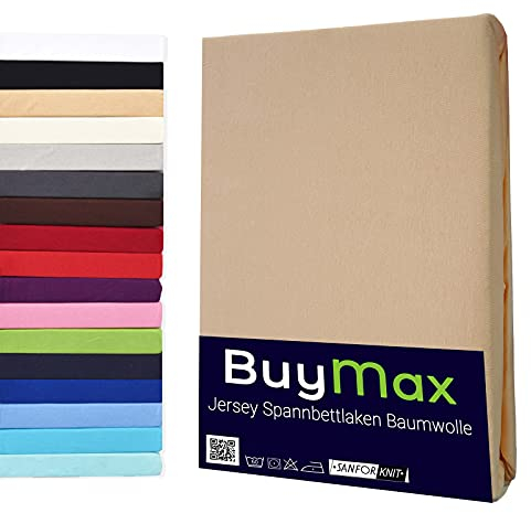 Buymax® Topper Spannbettlaken 140x200 cm Spannbetttuch 100% Baumwolle Jersey für Matratzentopper bis 12 cm Matratzenhöhe Bettlaken für Boxspringbett Topper, Beige Sand