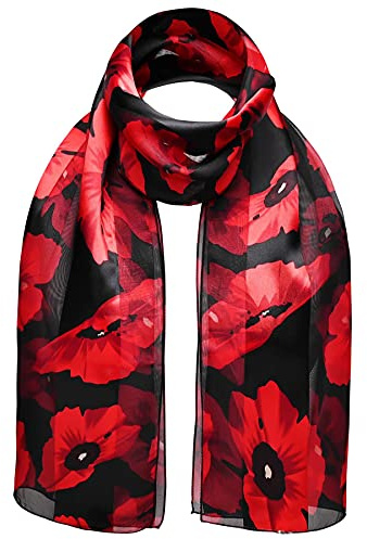 Basic Sense Poppy Scarf for Women UK Satin Print Remembrance Shawl, Black