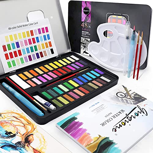 Exqline Aquarellfarben Set, 48 Farben Aquarell Set mit 8 Aquarellpapieren, 2 Wassertankbürsten, 2 Hakenstiften, 2 Wischschwämmen, 1 Weißpigment, 1 Mischpalette, 1 Farbkarte