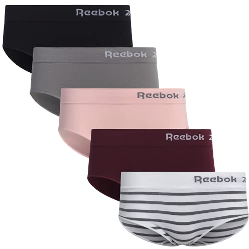 Reebok Women's Hipster Panties - 5 Pack Breathable Stretch Performance Hipster Briefs - Seamless Underwear for Women (S-XL), Size X-Large, Black/Heather Grey/Pink/Burgundy/White-grey Stripe