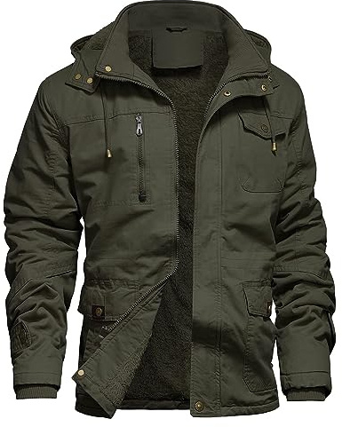 LEPOAR Men's Winter Jacket Military Jacket Fleece Lined Warm Cargo Jackets Removable Hood Cotton Work Coat, Army Green L-02