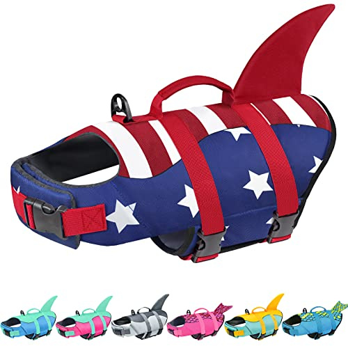 Malier Dog Life Jacket, Ripstop American Flag Vest for Swimming Boating, Puppy Shark Jacket with High Buoyancy Swimsuit Small Medium and Large Dogs (Large, Red & Dark Blue)