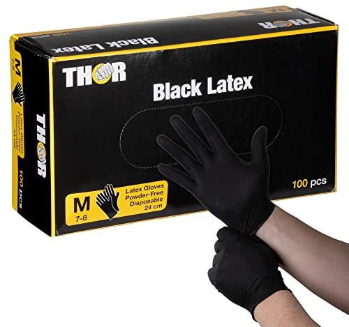 THOR Latexhandschuhe (M), 100 Stück – Einmalhandschuhe Schwarz, handschuhe einweg, puderfrei – Einweghandschuhe & küchenhandschuhe zum Kochen, Putzen, Grillen & für die Werkstatt – Größen S, M, L, XL