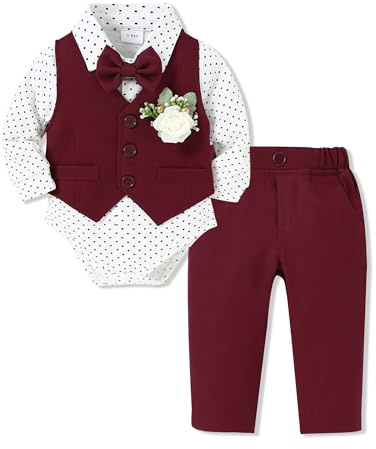 SOLOYEE Bébé Garçon Costume Gentleman Tenue Bapteme, Enfant Mariage Fete Costume Manches Longues Barboteuse + Pantalon + Gilet + Noeud papillon + Corsage (Rouge, 0-3 Mois)