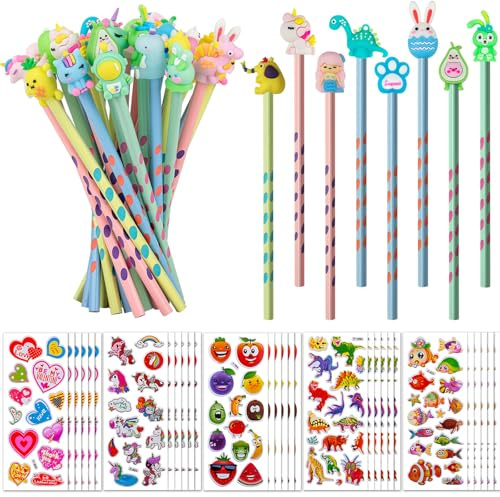 60 Set 30 Matite Gadget Compleanno Bambini e 30 Adesivi | Matite Triangolare Animale e Stickers 3D | Regalini Fine Festa per Bambini