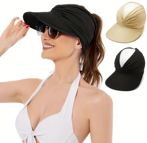 TYXHXTF 2 Stück Visor Cap Damen, Sonnenschutz Strand Hut, Sonnenhut Breiter Krempe, Sommerhut Strandhut, UV Schutz, für Outdoor Golf Tennis Laufen Wandern