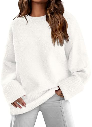 Jhsnjnr - Jersey de punto grueso y oversize para mujer, holgado, manga larga, cuello redondo, suéter amplio y cómodo, blanco, S