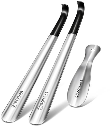 ZOMAKE Calzador Metal 3 Piezas - 42 cm Calzadores Largo Acero Inoxidable Calzador de Zapatos para Personas Mayores,19 cm Corto Metalico Calzador Pequeño de Viaje(3 Piezas Plateadas B)