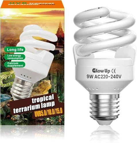 GlowUp 9W E27 Bombilla Reptiles UVB UVA 10.0 AC 220-240V Mini Lampada UVB 10.0 Bombilla Fluorescente para Acuario, Recipiente de Cristal, Comedero, Tortuga, Serpiente, Lagarto, Reptiles, Etc (1Pcs)