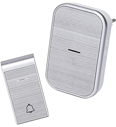 Timbre inalámbrico plateado, alimentación por batería, rango de hasta 200m, fácil instalación, ideal para casas y oficinas.