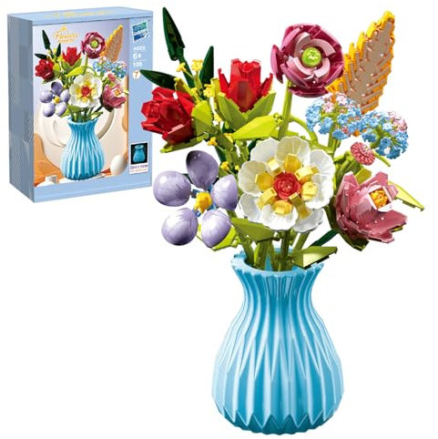 Blumenstrauß Klemmbausteine, 756 Teile Blumenstrauß Bausatz, 8 Künstliche Blumen Mit Vase, Botanical Kollektion Blumen Bauspielzeugsets, Einzigartige DIY-Heimdekoration für Kinder Mädchen Jungen, Blau