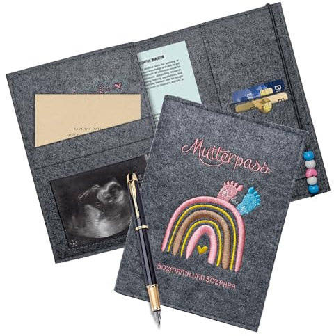 Gypie Mutterpasshülle aus Handgefertigtem Filz, Mutterpass Schutzhülle, Deutschen Mutterkindpasshülle mit Fächern zur Aufbewahrung von Versicherungskarten, Ultraschallbildern und Impfpass Schwarz