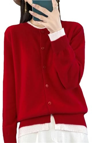 Cardigan da donna a girocollo con bottoni in lana merino, lavorato a maglia, cardigan in cashmere, Rosso, M