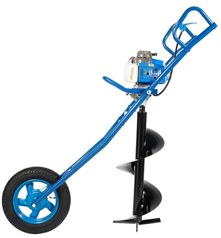 UESUENYENS Tarière à essence à 2 temps 63 CC - 2,2 kW - 3 CV - Avec roues - Tarière à essence - Avec embouts de perçage de 300 mm de diamètre - Avec brouette - Bleu