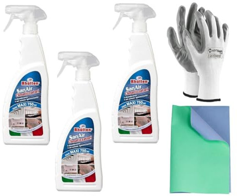 San Air - Limpiador desinfectante para climatizadores, filtros, componentes, unidad externa, elimina malos olores, 3 x 750 ml spray sin gas, con 1 par de guantes y 1 paño de 40 x 30 cm, doble acción