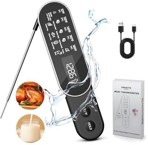 PRAVETTE 3X Faster 0.5s Instant Read Meat Thermometer, 2025 Rechargeable ±0.5℉ NIST Certified Wireless Food Thermometer, Waterproof, Auto Wake/Sleep, Rotation Display & Temp Lock for BBQ, Candy, Grill