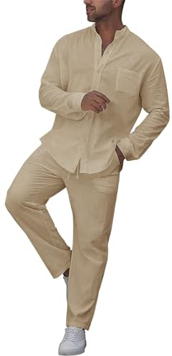 Generico Tuta Di Lino Da Uomo Elegante Comodi Camicia E Pantaloni Leggeri Casual Completi Sportivo Maniche Lunghe Con Elastico In Vita Tuta Palestra Jogging Allenamento Con Coulisse Tute Da Casa