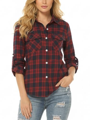 Famrrifuu Chemise a Carreaux Femme Classique Chemisier en Flanelle Bucheron Western Élégant Blouse 100% Coton Décontractée Shirt, Rouge Vin Bleu, XL
