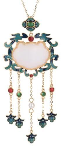 ORFOFE Collana Cinese Ciondolo a Blocco in Quarzo Bianco Catena per Clavicola 24K Placcata Oro Pendente Smaltato Stile Tradizionale Cinese Gioiello Elegante per Donna