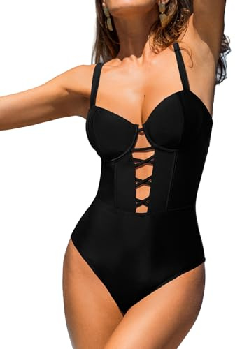 CUPSHE Women's One Piece Swimsuit Underwire Bathing Suit Sweetheart Neck Cutouts Swimwear Adjustable Straps Hook, L Black