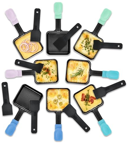 Kosmosta Raclette Pannor Reservset, 8 Fyrkantiga Nonstick Pannor med Extra Langa Fargkodade Handtag, Ice Cream Serie, inkl. 8 Nylonspatlar, for Raclette Grill och Bordsmatlagning
