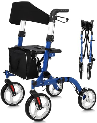 RBFGYIOP Rollator 2 in 1 per anziani - Deambulatore pieghevole leggero con freni, seduta e schienale - Ruote robuste per tutti i terreni, alluminio, capacità 150kg - Ideale per mobilità e passeggiate
