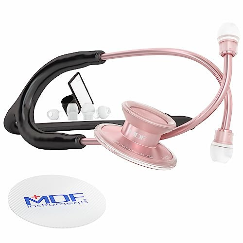 MDF Instruments, Acoustica Lätt Stetoskop för Läkare, Sjuksköterskor, Studenter, Hemsjukvård, Vuxen, Dubbelhuvud, Svart Slang, Roséguld (Matt Finish) Membrankapsel-Pannband, MDF747XPRG11
