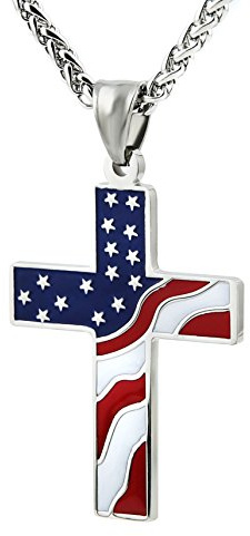 HZMAN American Flag Patriotic Cross Religious Jewelry Pendant Necklace, Silver
