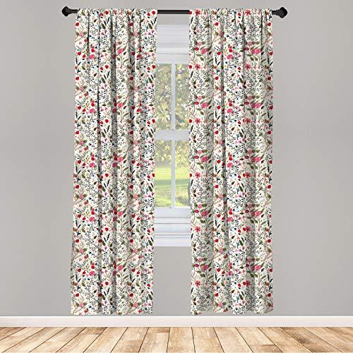 ABAKUHAUS Blumen Vorhänge, Gardinen, Vögel Rosen-Tupfen, Fensterbehandlungen für Wohnzimmer Schlafzimmer Dekor, 2 Stück 75 cm b x 175 cm h, Beige Grün