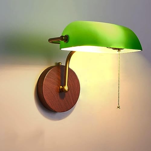 Vintage Wandleuchte mit Schalter Banker Wandlampe Verstellbarer Grün Glas Schirm E27 Fassung Schlafzimmer Nachttischlampe Wand Leselampe mit Zugschalter Retro Wandbeleuchtung Innen Bankerlampe