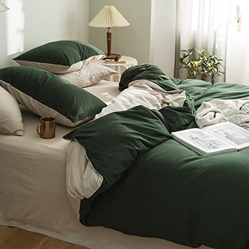 Lanqinglv Double Duvet Cover Set Dark Green and Apricot Reversible Bedding Set Microfiber Quilt Cover 200x200cm with Zipper Closure and 2 Pillowcases 50x75cm