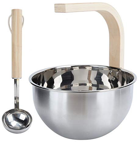 Natudeco 4L Sauna Barrel Spa Seau en Acier Inoxydable Sauna Room Accessoire Sauna Seau avec Long Manche Louche Ensemble Sauna Accessoires Kit seau et louche pour sauna