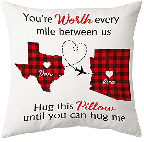 Hyturtle Personalized Sentimental Long Distance Throw Pillow (Insert Included) Gifts for Couple Wife Husband - Anniversary Birthday State to State Gifts - Custom Name Sofa Cushion Home Decor Pillow