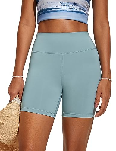 CRZ YOGA Damen Badeshorts Bauchkontrolle High Waist Schwimmshorts Sport Beach Badehose Wassersport Kurze Hose - 13cm Hellgraublau 42