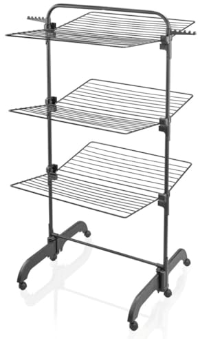 Leifheit Classic Tower 270 Black stendibiancheria a torre con ruote, lunghezza barre 27 m per 2-3 carichi lavatrice, torre asciugabiancheria salvaspazio, tre livelli, stendino pieghevole nero