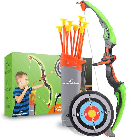 Bogenkönig Bogenschießen Set | Pfeil und Bogen kinder Set mit LED Blitzlichtern 10x Saugnapfpfeile 1x Zielscheibe 1x Pfeilhalter Spielzeugbogen Set für Jungen und Mädchen ab 6 Jahren Outdoor Spielzeug